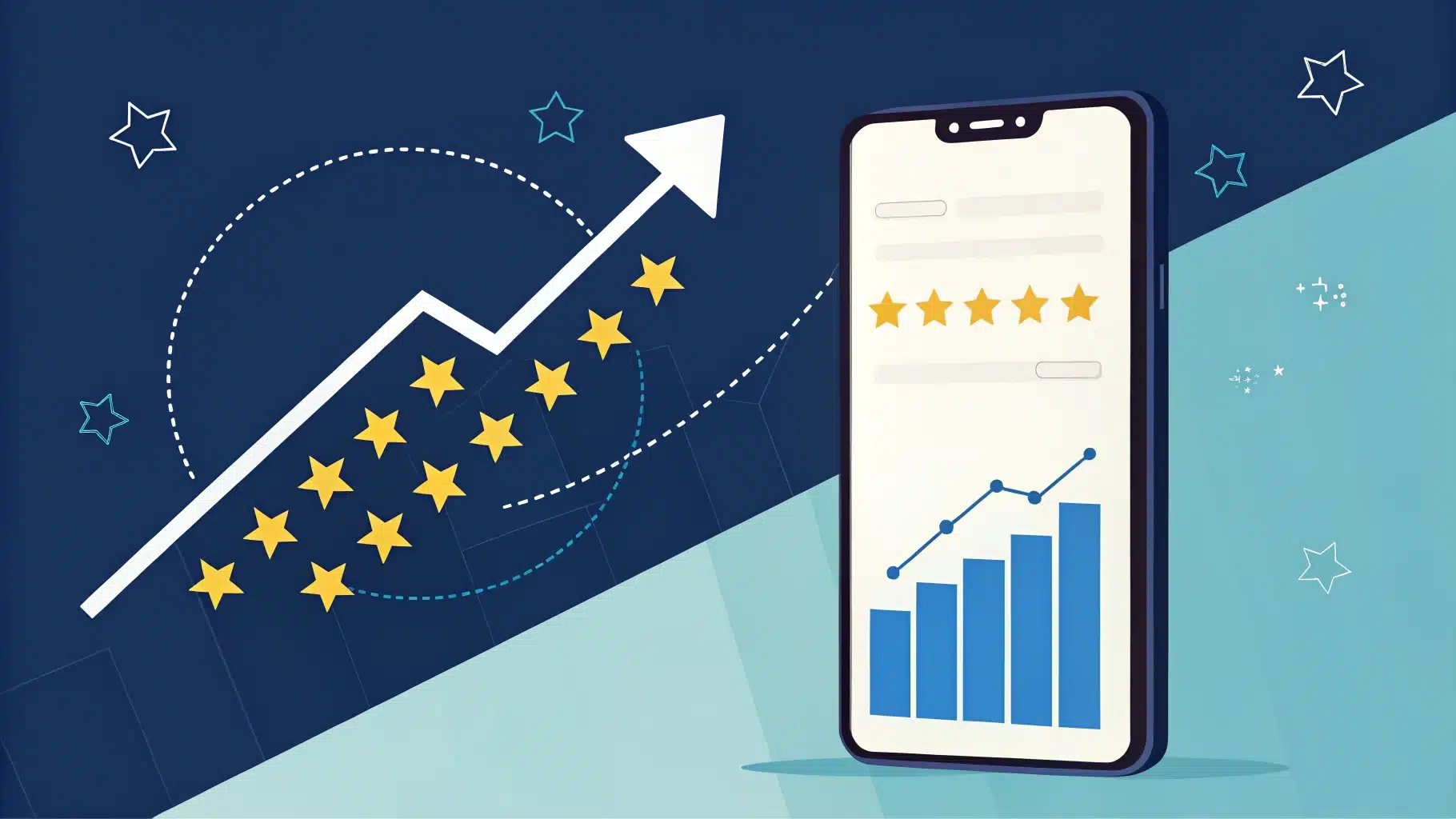 Smartphone displaying a rising star-rating chart symbolizing a growing Google review count for local search rankings