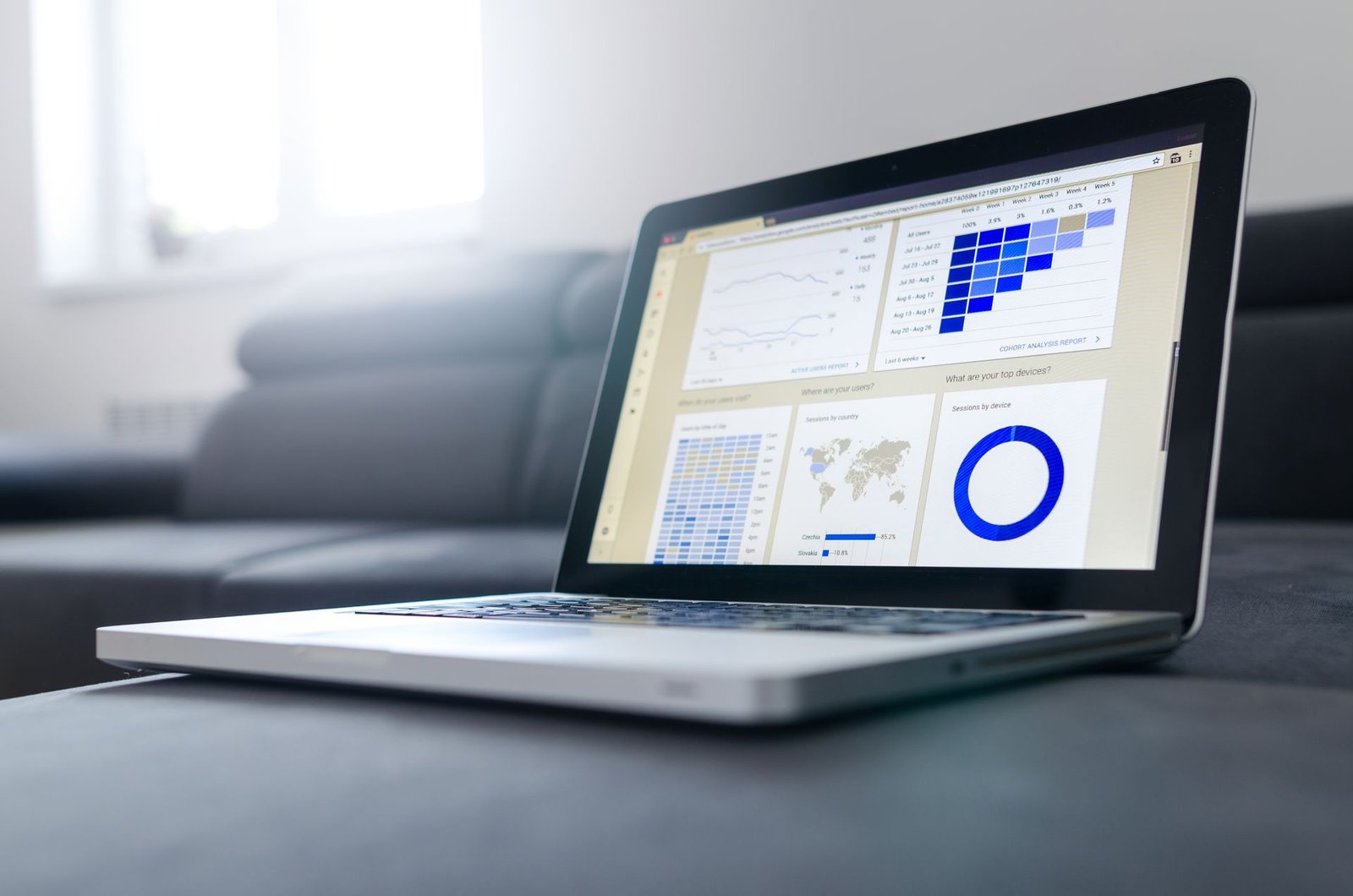 Laptop showing a website analytics and SEO performance dashboard