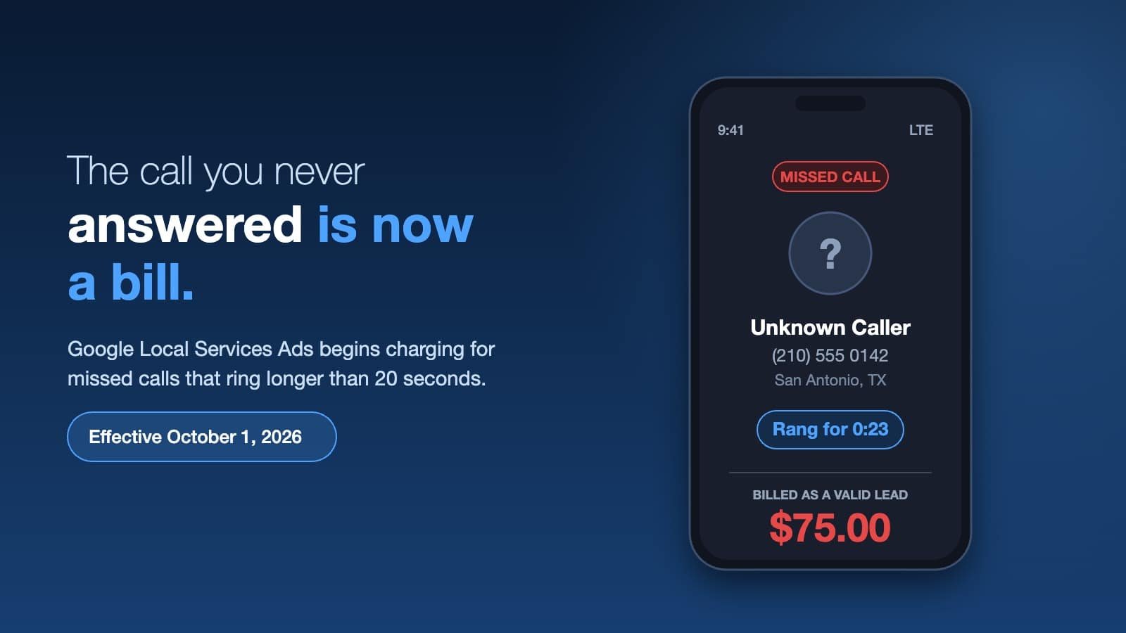 Local Services Ads missed calls being billed as a valid lead on a phone screen after ringing 23 seconds
