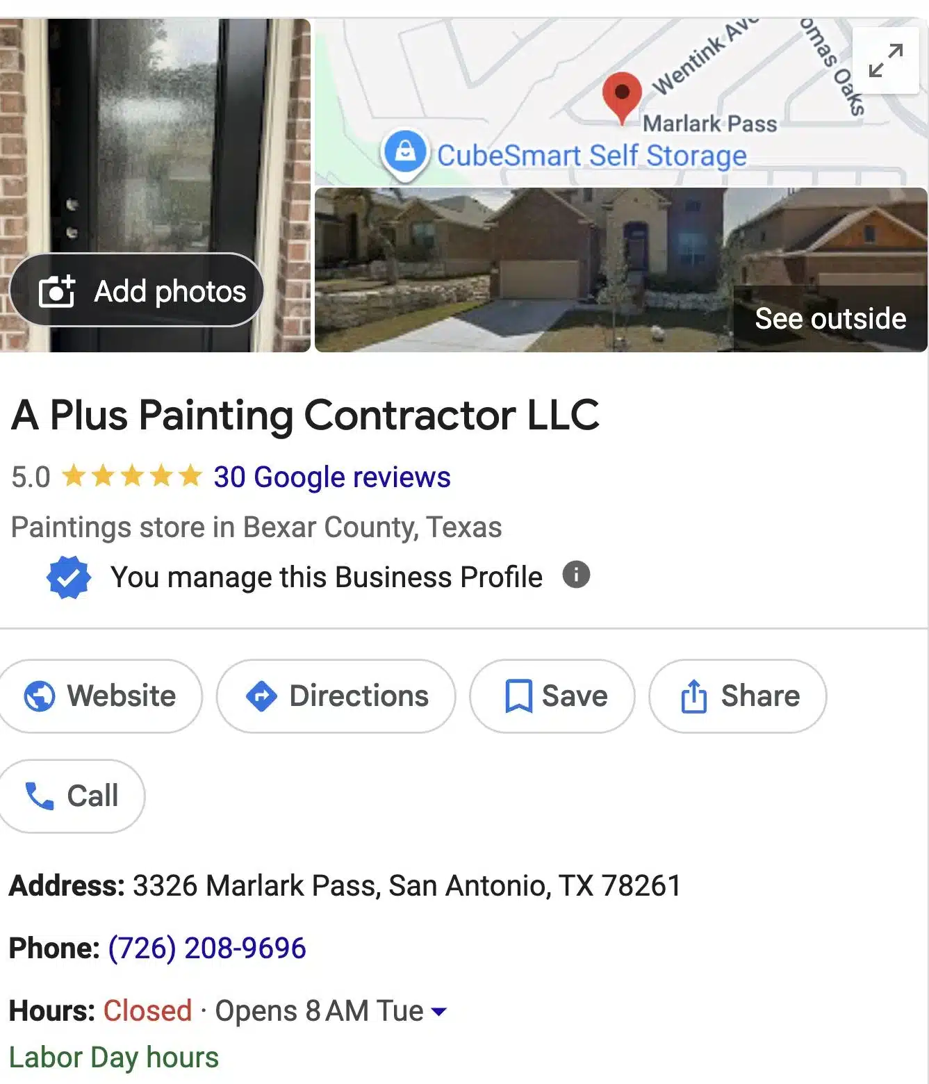 A Plus Painting Contractor Google Business Profile showing a 5.0 rating from 30 Google reviews