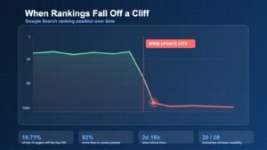 Line chart showing a website ranking position falling from the top 10 past position 100 during the Google spam update