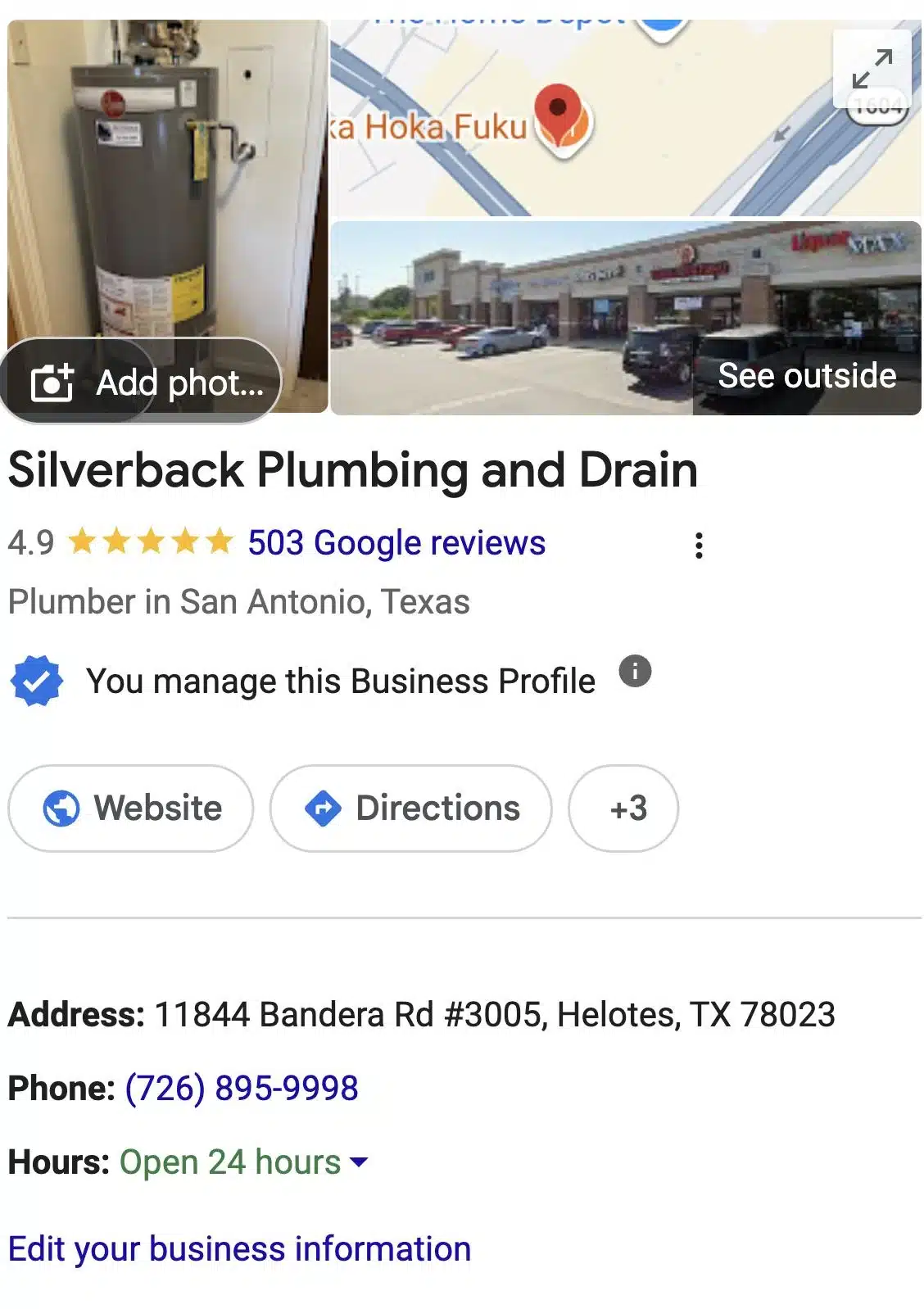 Silverback Plumbing Google Business Profile showing 4.9 stars from 503 Google reviews in Helotes Texas