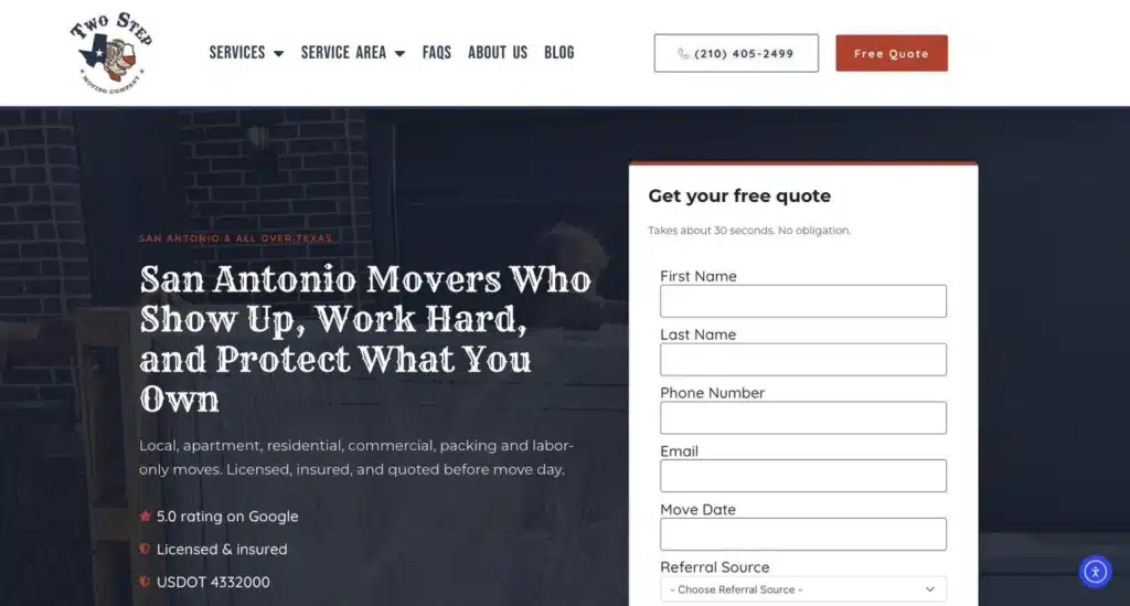 San Antonio Web Design | Free Website Review | FOG 5 Two Step Moving website designed and built by FOG Digital Marketing