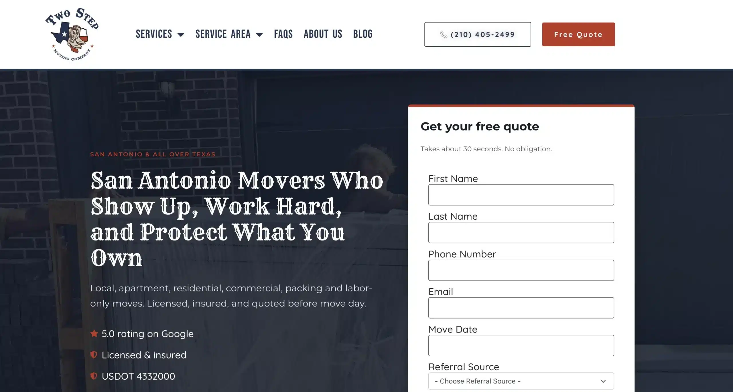 Two Step Moving homepage built by FOG Digital Marketing for its moving company SEO program in San Antonio