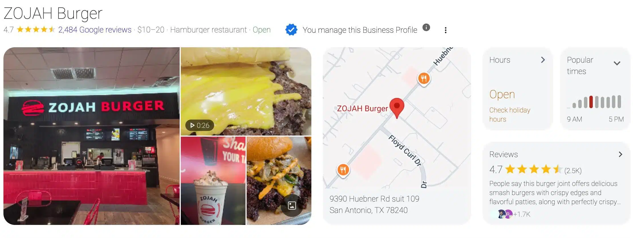 ZOJAH Burger Google Business Profile showing a 4.7 rating from 2,484 Google reviews