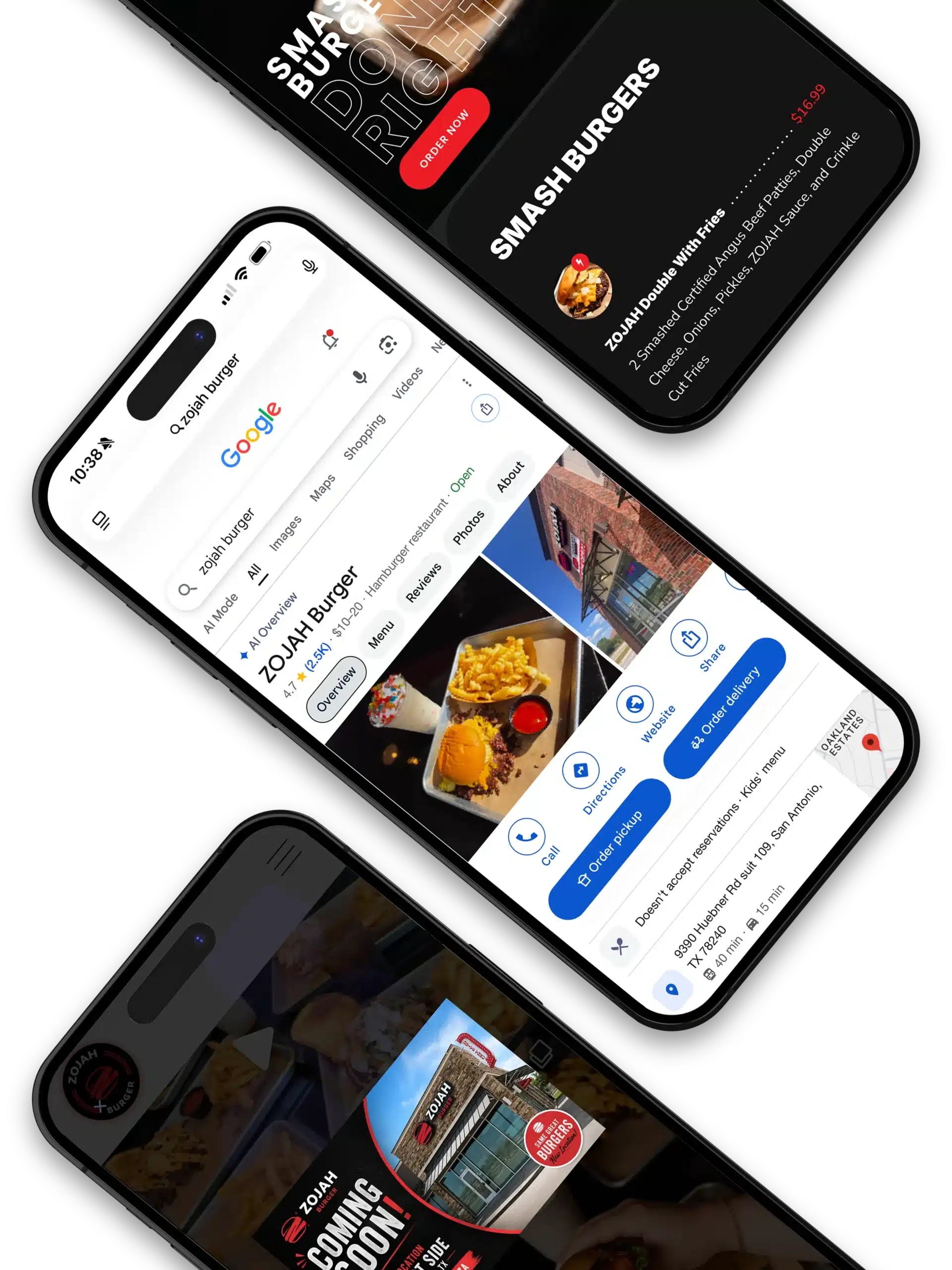 The live ZOJAH Burger Google Business Profile showing 4.7 stars from 2,484 reviews