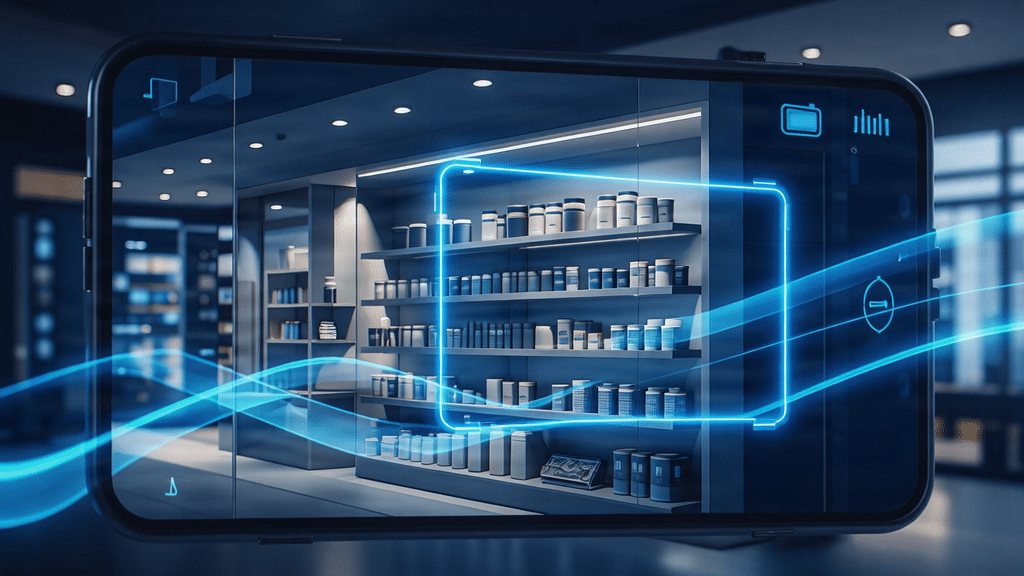 Smartphone camera viewfinder scanning a store shelf of products with a glowing visual search frame