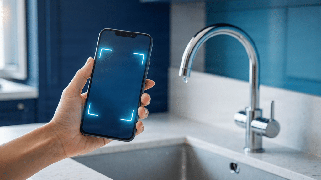 Hand holding a smartphone with a visual search frame photographing a kitchen faucet, showing how Google multimodal photo search works